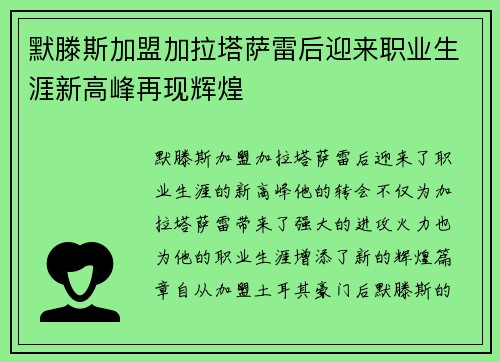默滕斯加盟加拉塔萨雷后迎来职业生涯新高峰再现辉煌 默滕斯加盟加拉塔萨雷后迎来职业生涯新高峰再现辉煌