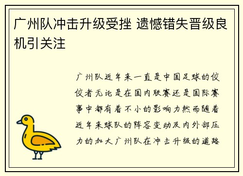 广州队冲击升级受挫 遗憾错失晋级良机引关注